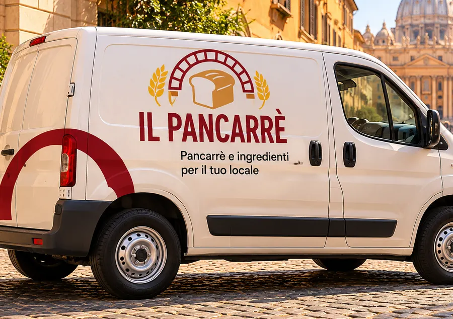 Il fianco del furgone bianco de Il Pancarrè col logo, in una strada di Roma