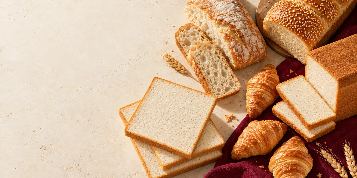 Fette di pancarrè con la crosta, pane in cassetta e cornetti visti dall'alto, su un panno bordeaux