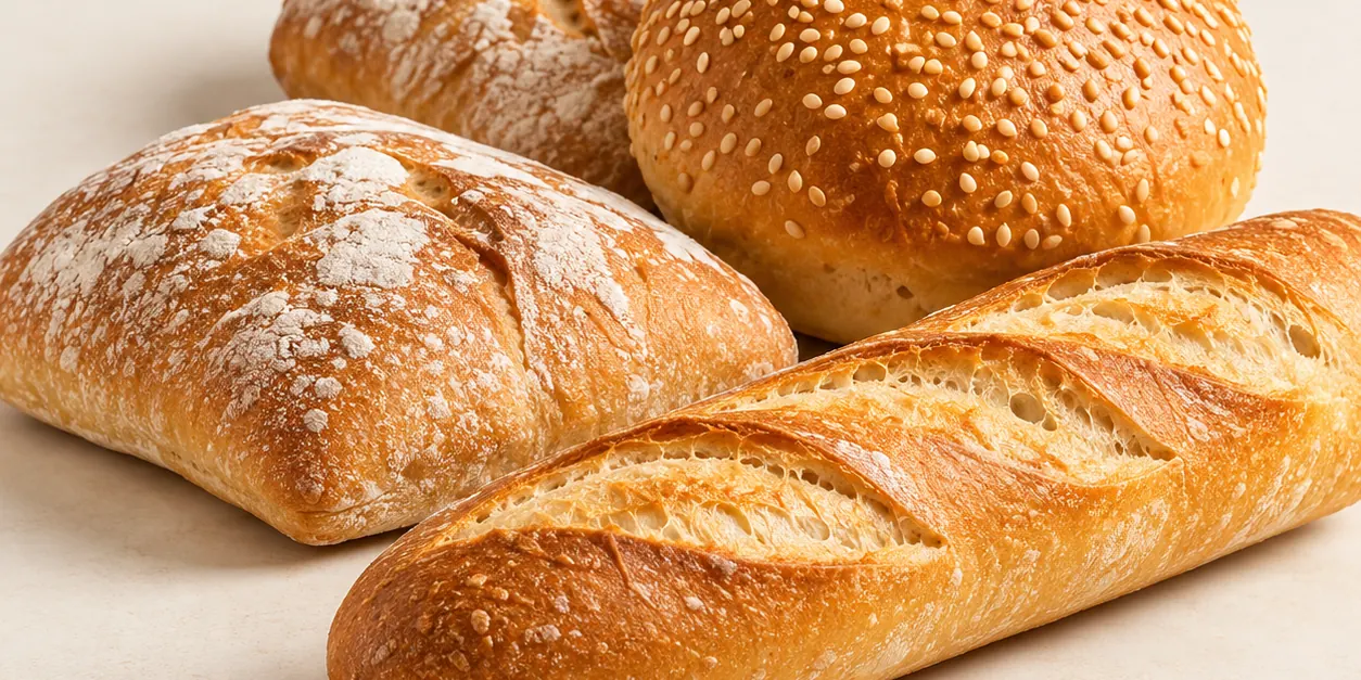 Ciabatte, una pagnotta al sesamo e una baguette su un piano chiaro