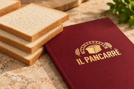 Fette di pancarrè con la crosta accanto a una cartellina bordeaux col logo de Il Pancarrè